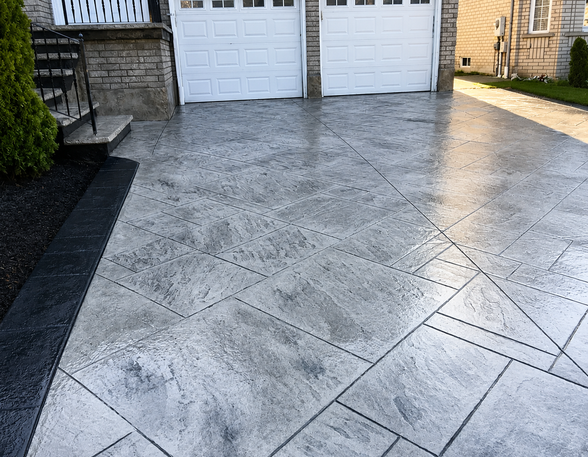 Gray Stamped Concrete Driveway with a Modern Stone Pattern