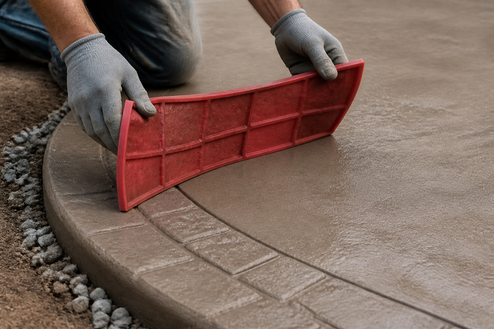 Detalle de bordes en concreto estampado con tapetes flexibles – guía de moldes para estampado de concreto FUXIN