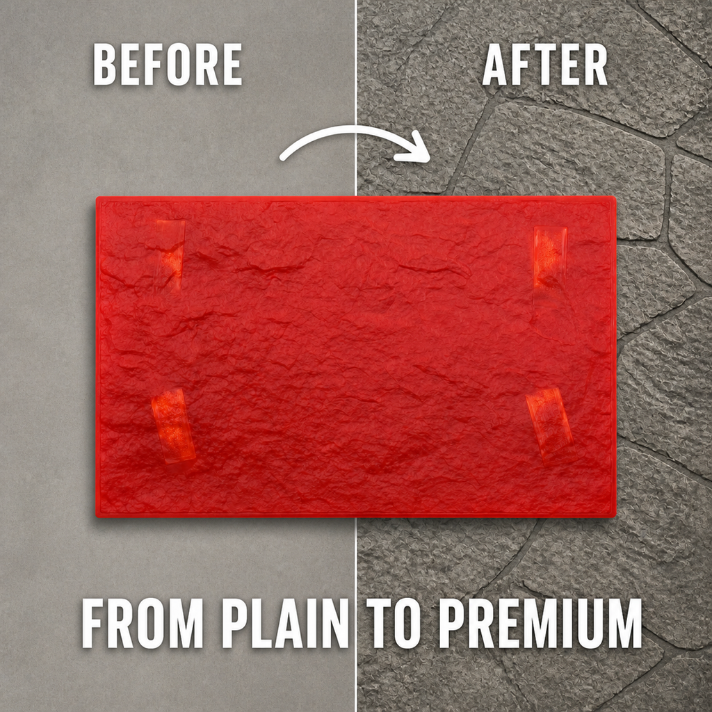 Textură pentru beton FX-007, aspect de piatră - înainte și după aplicare.