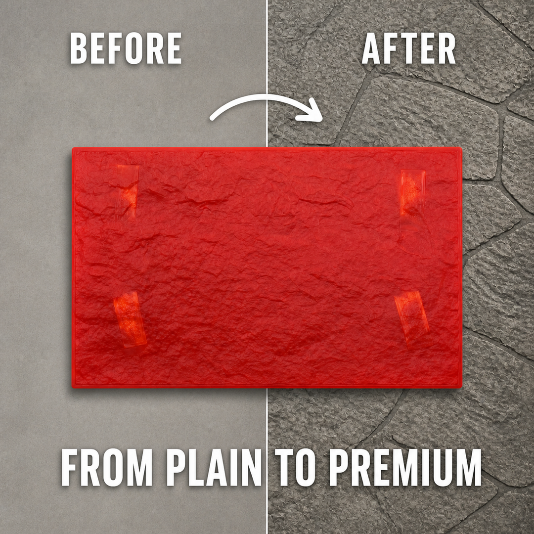 Textură pentru beton FX-007, aspect de piatră - înainte și după aplicare.