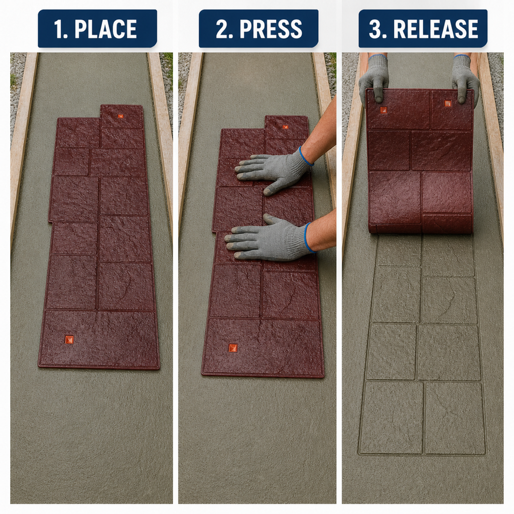 Ștampilă FX-020 pentru beton, model ardezie linear, instrucțiuni de utilizare.