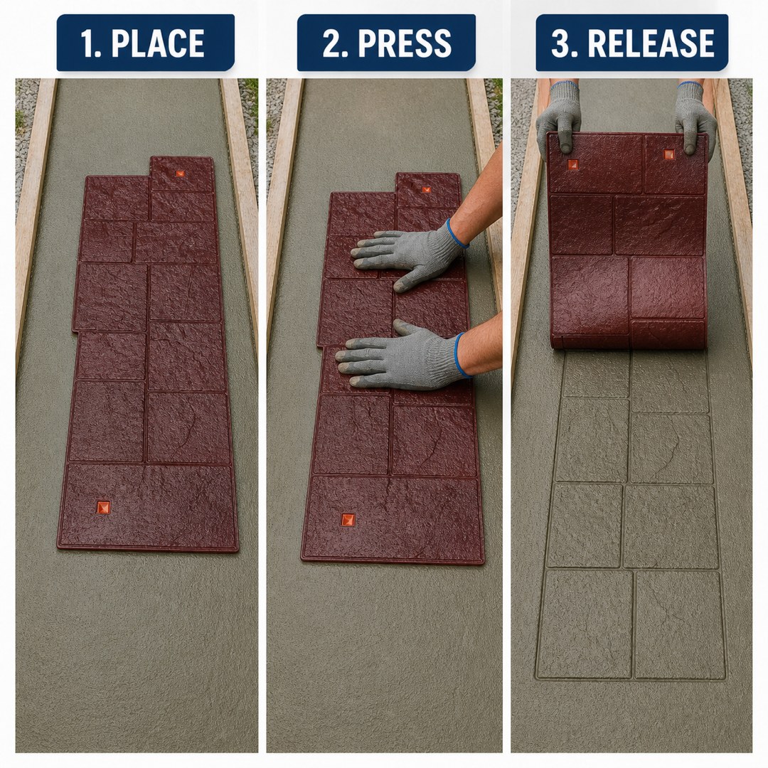 Ștampilă FX-020 pentru beton, model ardezie linear, instrucțiuni de utilizare.