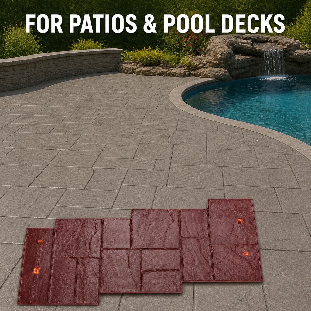 Ștampilă FX-020 pentru beton, model ardezie linear, zonă de piscină.