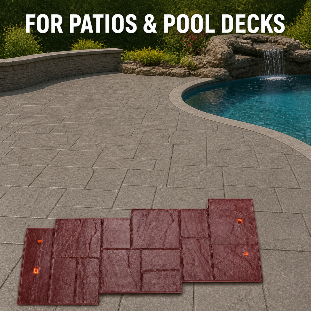 Ștampilă FX-020 pentru beton, model ardezie linear, zonă de piscină.