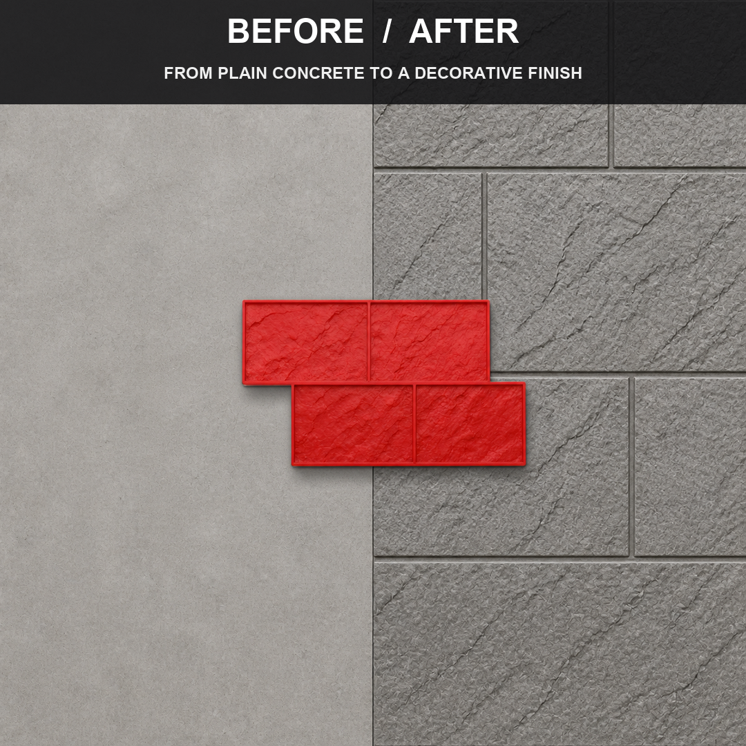 Ștampilă pentru beton FX-169, model Ashlar, înainte și după.