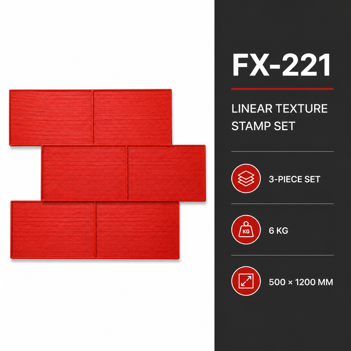 FX-221 کنکریٹ پر سرکی ہوئی ترتیب والے لکڑی کے تختوں کا نقش بنانے والا اسٹیمپ – تکنیکی تفصیلات