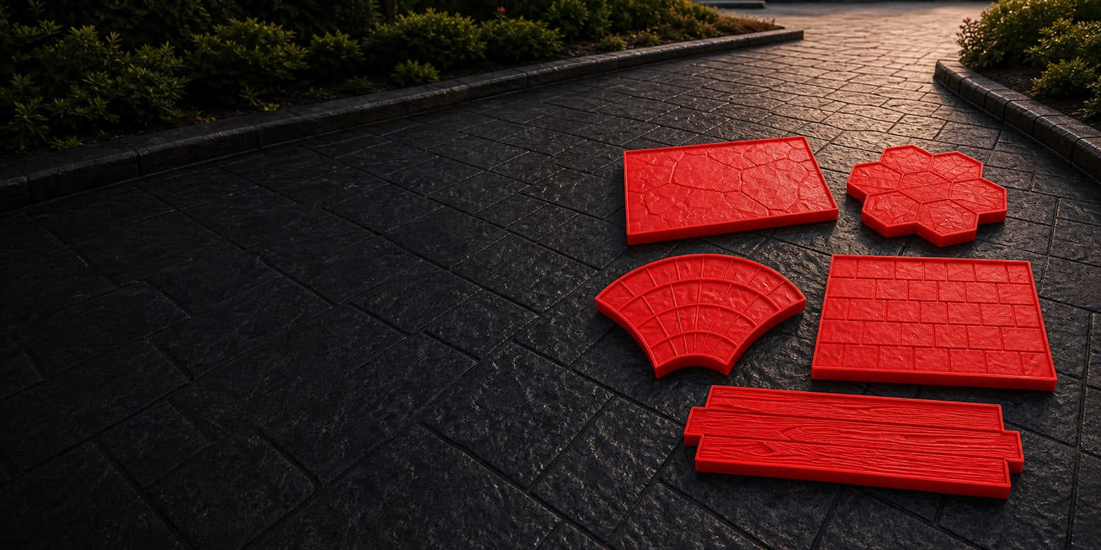 Red polyurethane concrete stamp molds arranged on a stamped driveway
