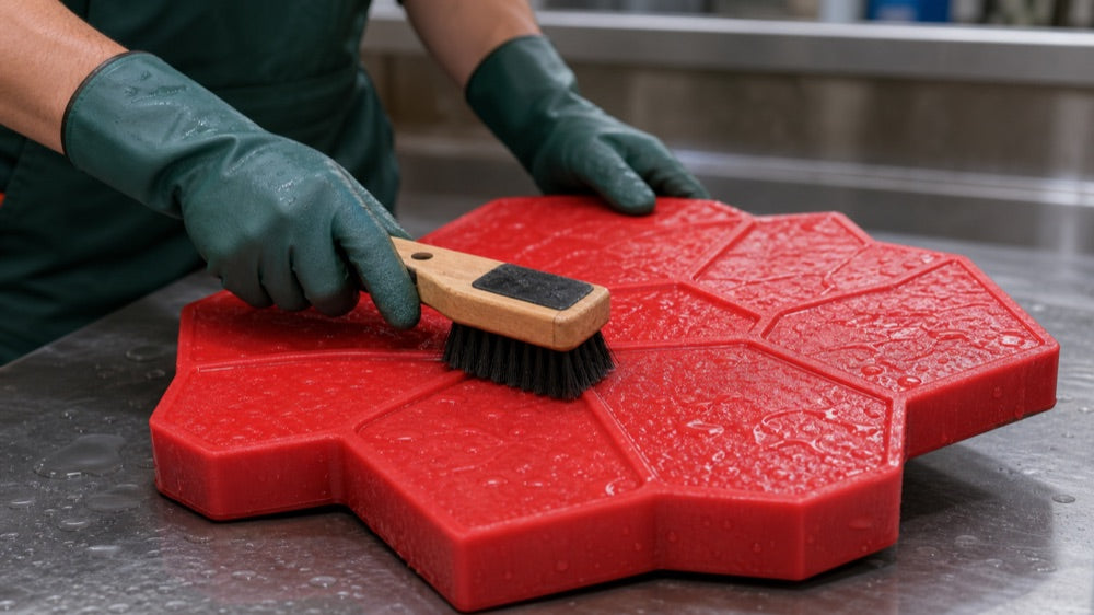 Flexible polyurethane concrete stamp molds beside finished stone-pattern concrete